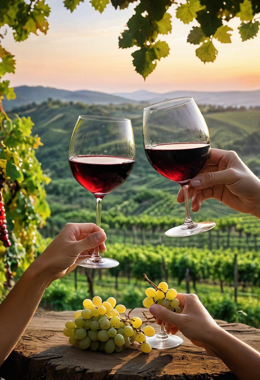 A lush vineyard at sunset, with golden light illuminating grapes on the vine, transitioning into a rustic wine glass filled with a deep red wine. In the background, a couple joyfully clinks their glasses, surrounded by rolling hills and green foliage, symbolizing the connection between nature and winemaking. Soft, romantic lighting envelops the scene, enhancing the atmosphere of joy and sustainability. painting. vibrant colors. warm hues.