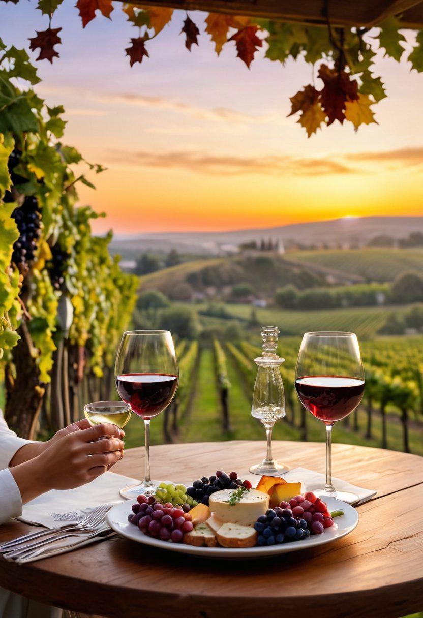 A cozy, warmly lit setting featuring an elegant wooden table adorned with an array of exquisite wine glasses filled with various wine varieties, showcasing vibrant colors from deep reds to crisp whites. Soft twinkling lights hang overhead, and a spread of gourmet appetizers complements the wines. A joyful group of friends clinks their glasses, radiating happiness and connection. The background hints at a charming vineyard at sunset. super-realistic. vibrant colors. cozy atmosphere.