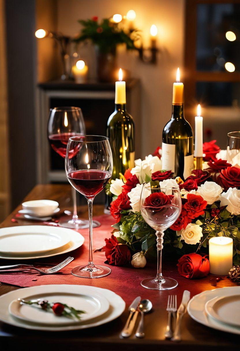 A beautifully set dining table adorned with elegant wine glasses filled with rich, red and crisp, white fine wines. Soft candlelight flickers, casting a warm glow on the table, surrounded by festive decorations like fresh flowers and colorful confetti. In the background, a cozy living space with laughter and joy, suggesting a celebration. Include alluring wine bottles with intricate labels on the table. vibrant colors. soft lighting. super-realistic.
